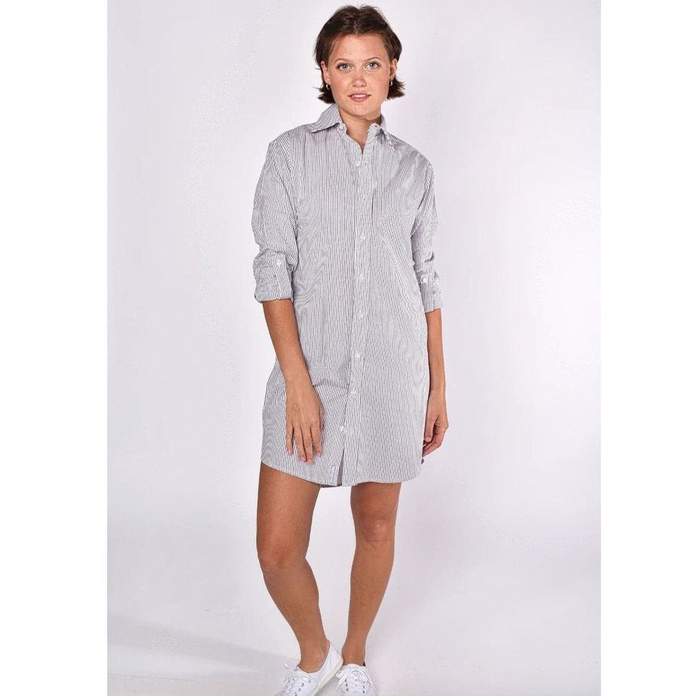 Emily Phillips Brown White Seersucker Girlfriend Dress Pinstripe Cotton Mini USA